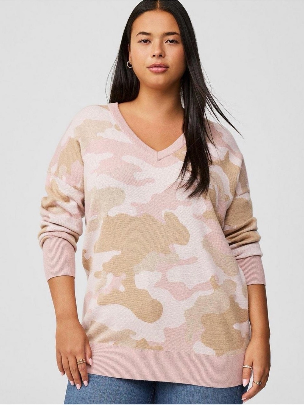 torrid Pink & Tan Camo V-Neck Sweater